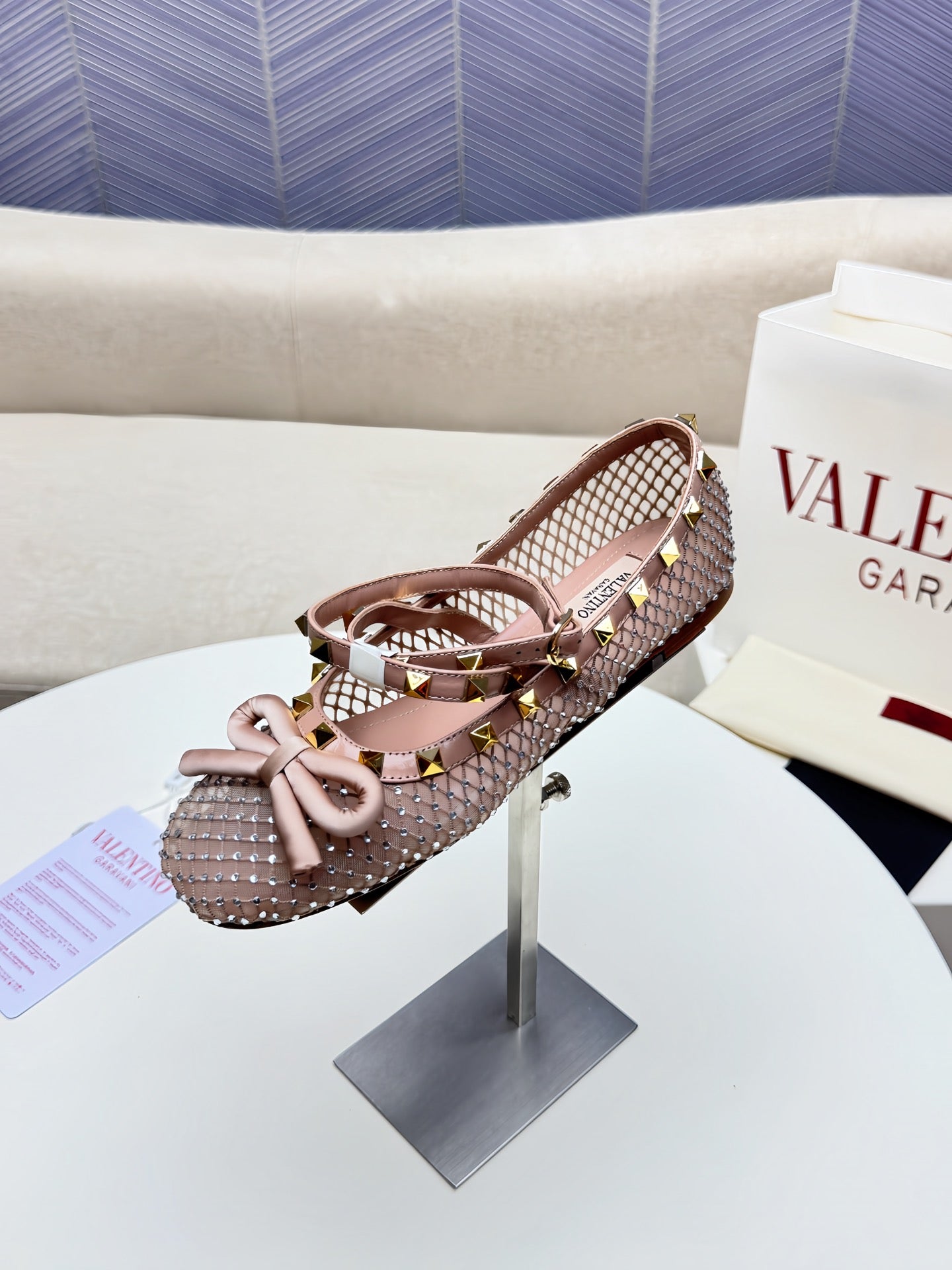 ROCKSTUD PEACH PINK MESH BALLERINA WITH CRYSTALS - 34