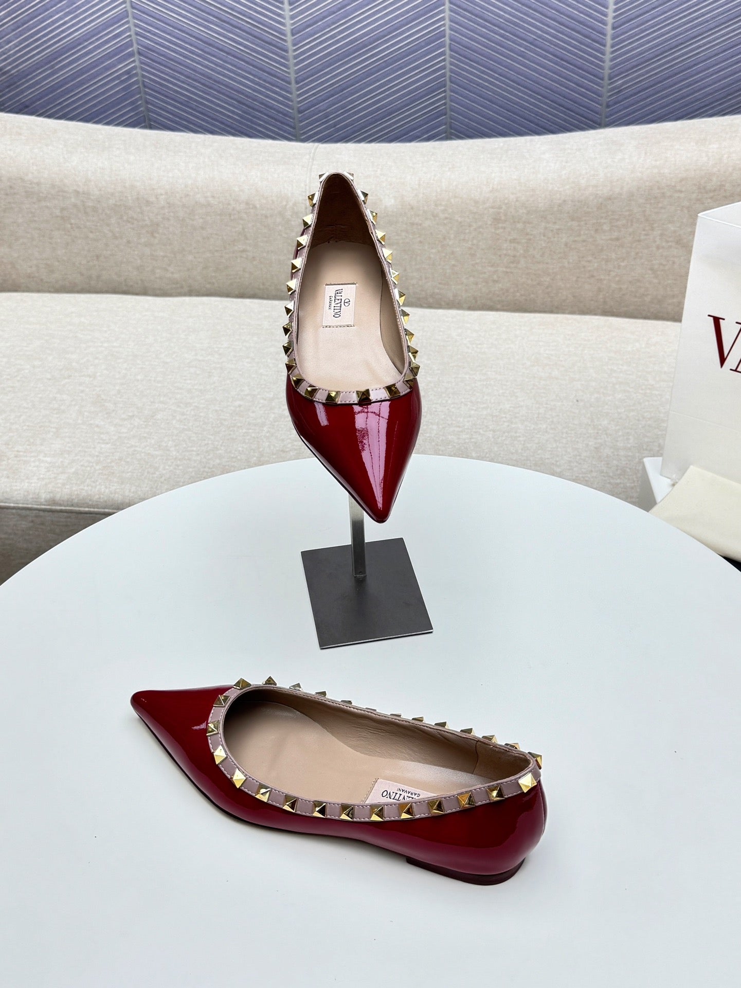 ROCKSTUD FLAT PUMP IN BERRY RED CALFSKIN - 34