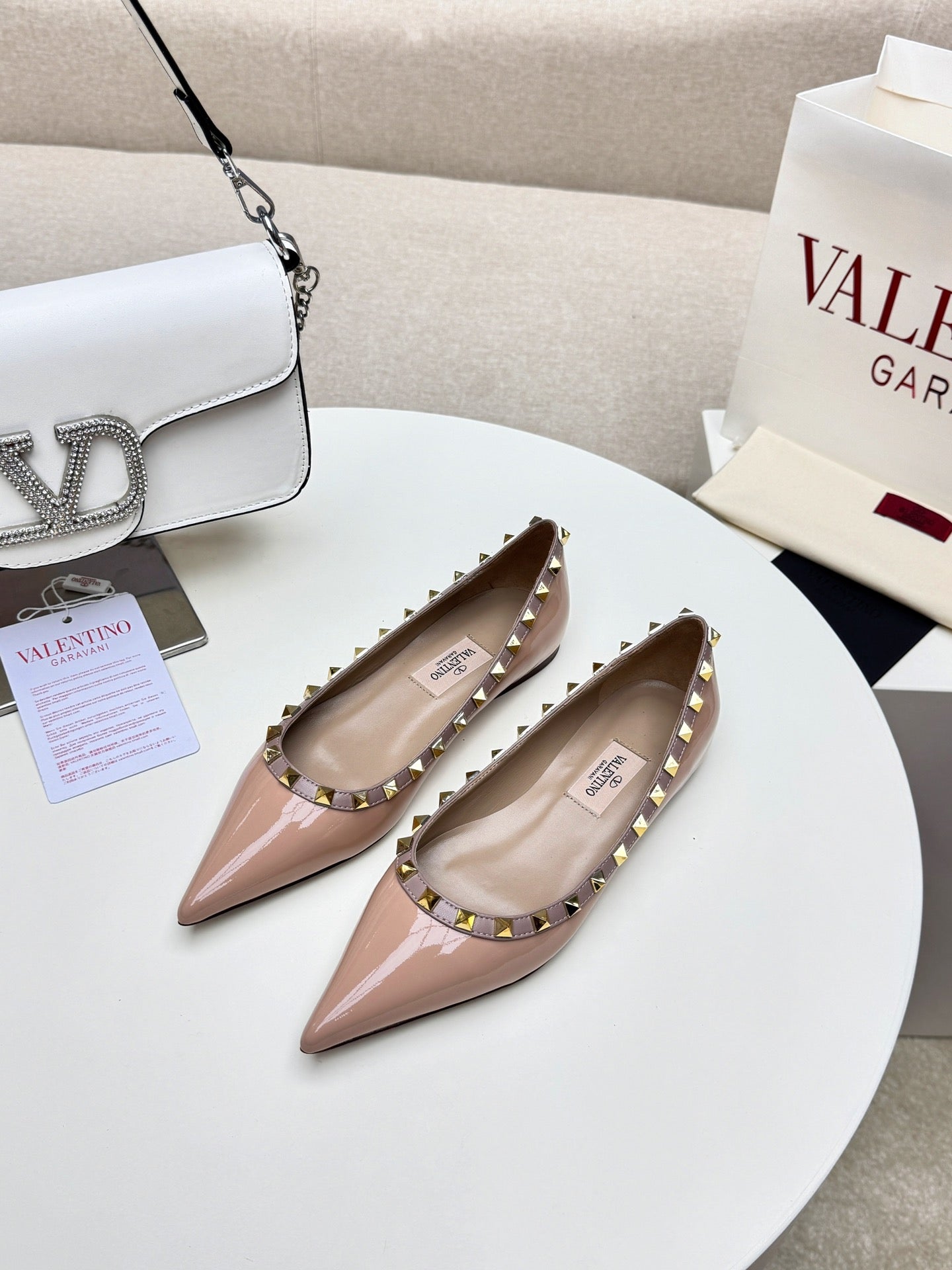 ROCKSTUD FLAT PUMP IN NUDE TAN CALFSKIN - 34