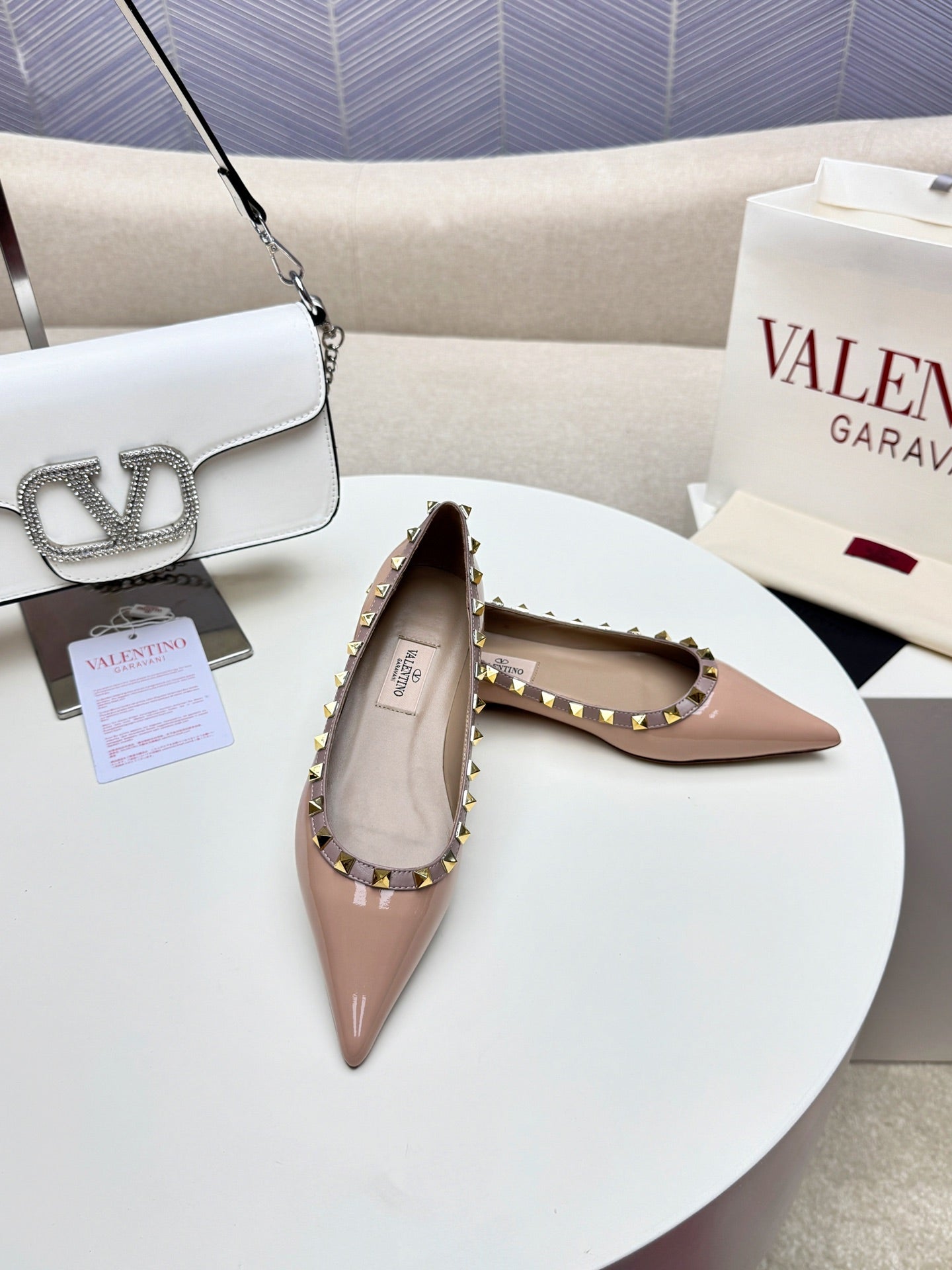 ROCKSTUD FLAT PUMP IN NUDE TAN CALFSKIN - 34