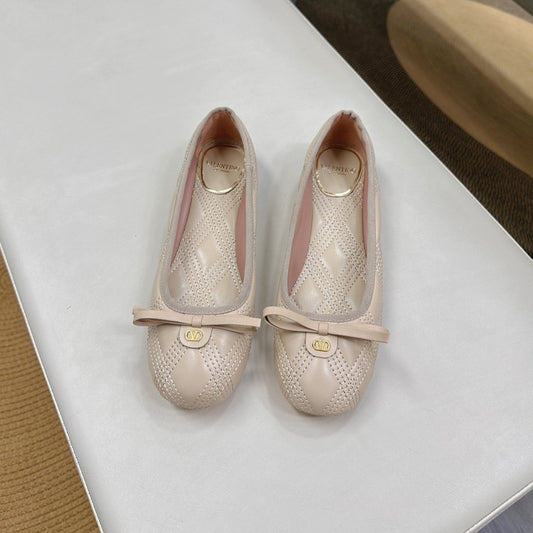 VLTN CLASSIC BALLET FLATS 25S IN LIGHT BEIGE CALFSKIN WITH BOW - 35