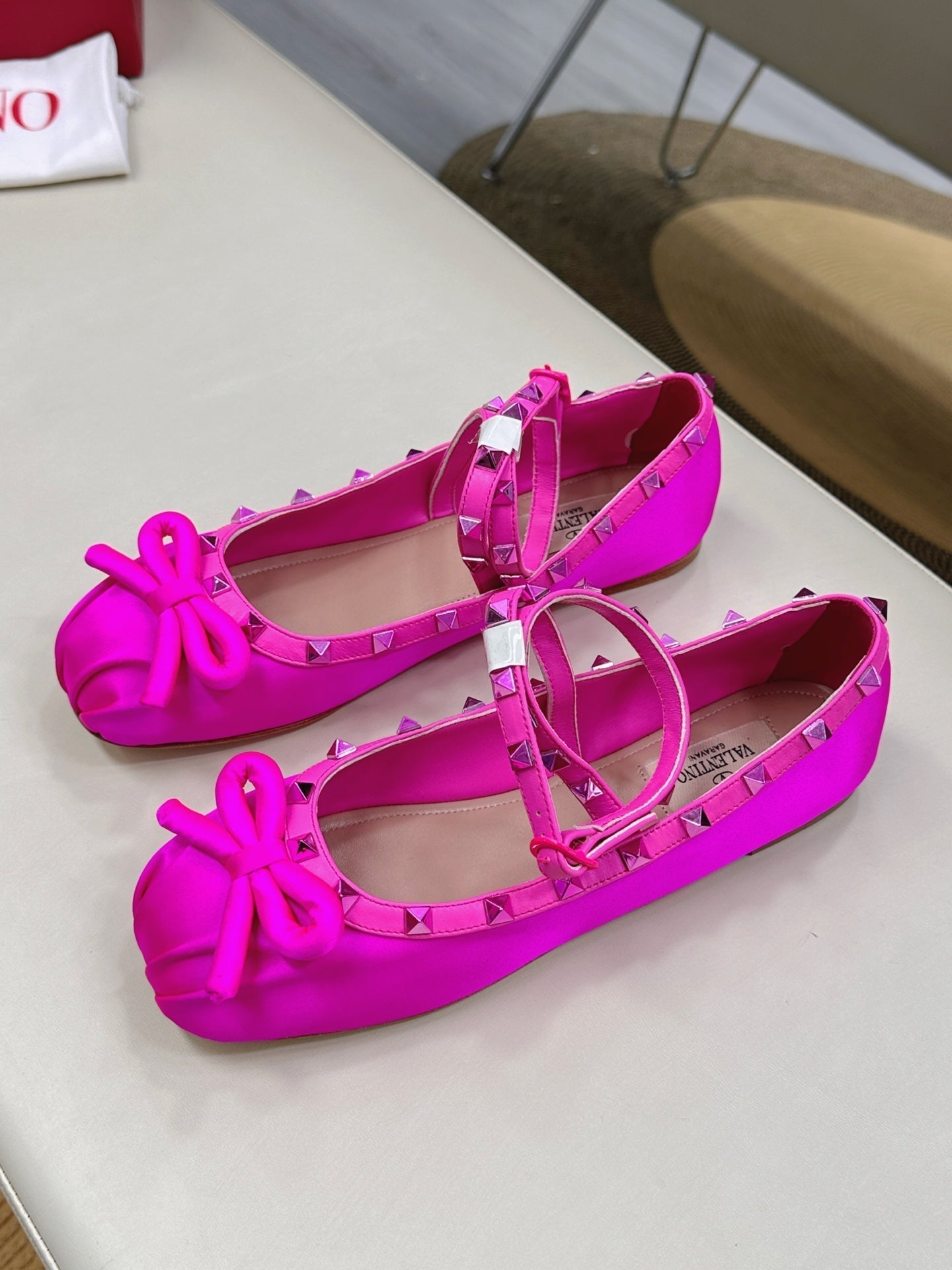 VALEN GARAVANI ROCKSTUD BALLERINAS IN HOT PINK SATIN - 35