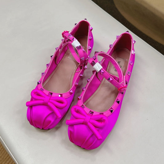 VALEN GARAVANI ROCKSTUD BALLERINAS IN HOT PINK SATIN - 35