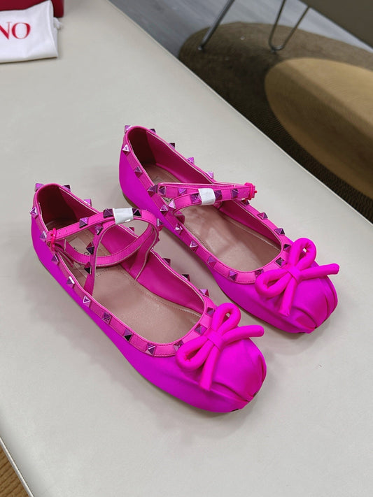 VALEN GARAVANI ROCKSTUD BALLERINAS IN HOT PINK SATIN - 35