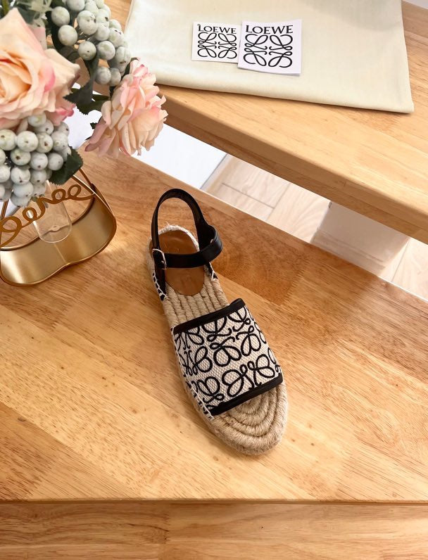Loew Anagram Black White Beige Leather And Canvas Espadrille Sandals - 35