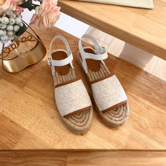 Loew Anagram White Tan Beige Leather And Canvas Espadrille Sandals - 35
