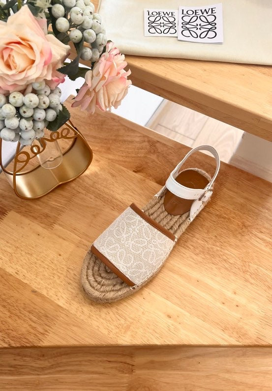 Loew Anagram White Tan Beige Leather And Canvas Espadrille Sandals - 35