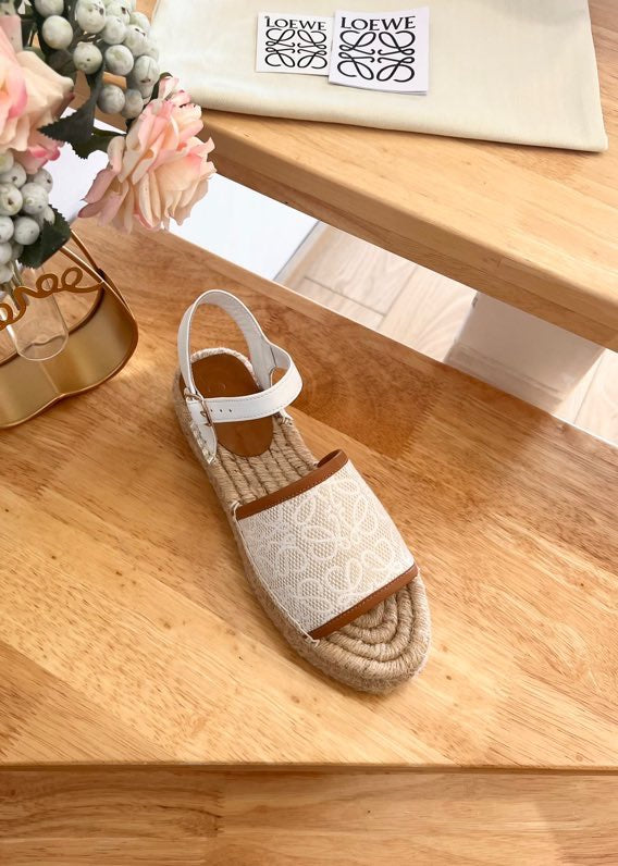 Loew Anagram White Tan Beige Leather And Canvas Espadrille Sandals - 35