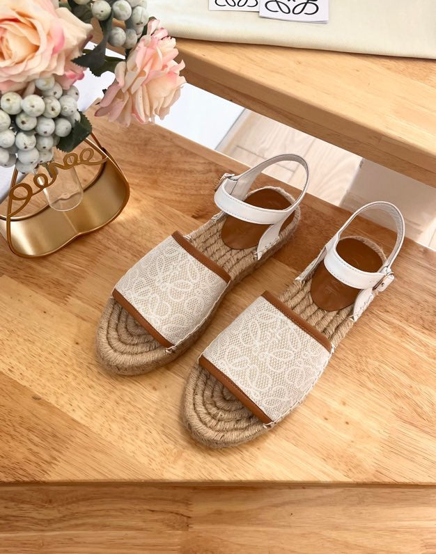 Loew Anagram White Tan Beige Leather And Canvas Espadrille Sandals - 35