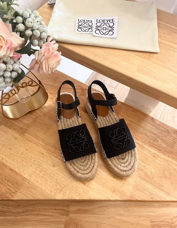 Loew Anagram Black Beige Leather And Canvas Espadrille Sandals - 35
