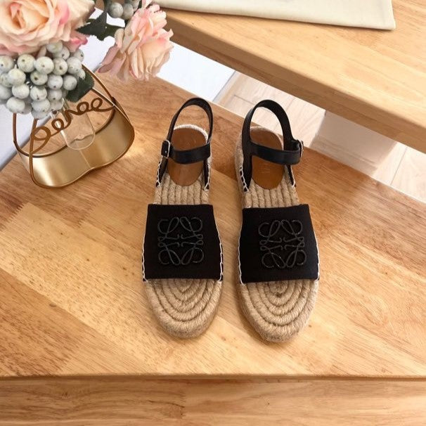 Loew Anagram Black Beige Leather And Canvas Espadrille Sandals - 35