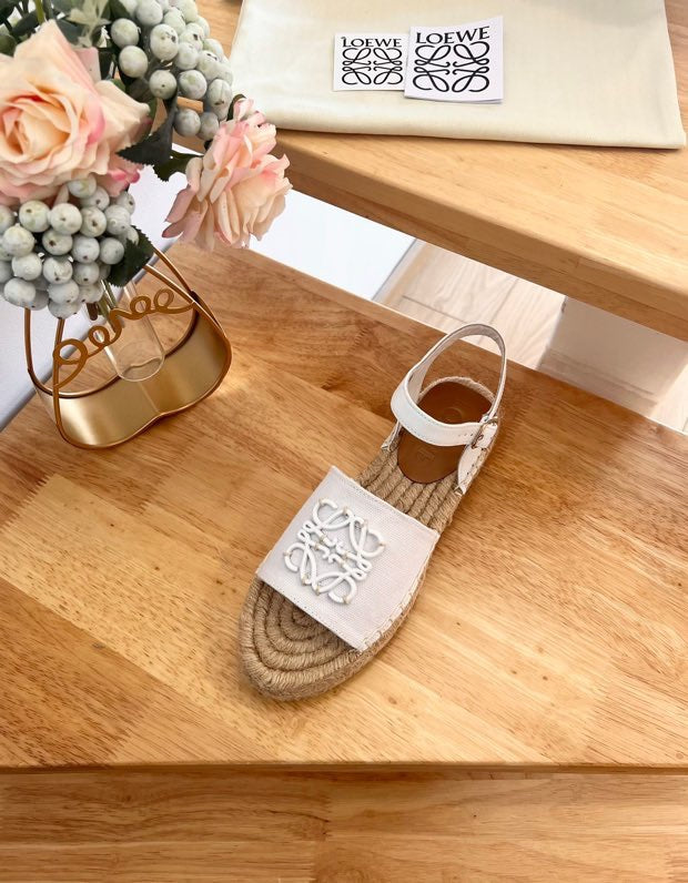 Loew Anagram White Beige Leather And Canvas Espadrille Sandals - 35