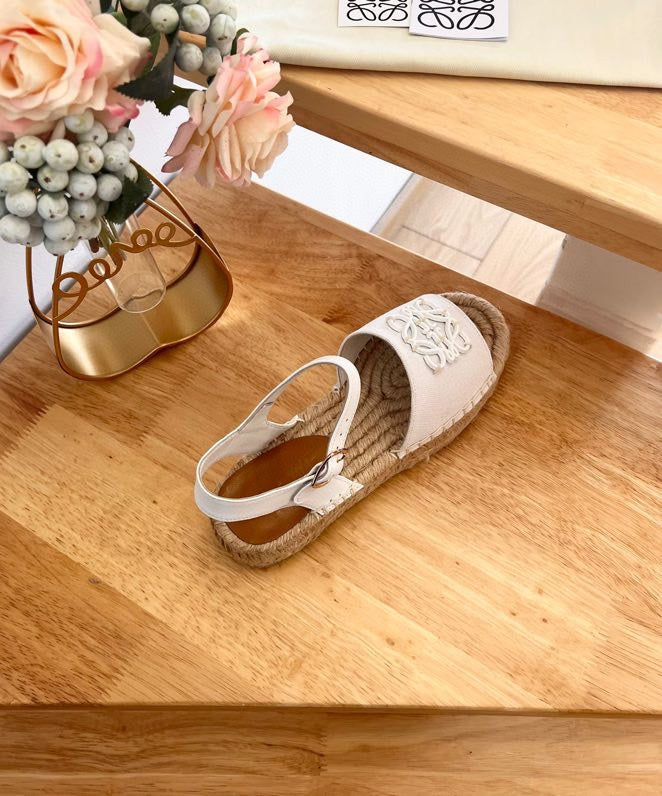 Loew Anagram White Beige Leather And Canvas Espadrille Sandals - 35