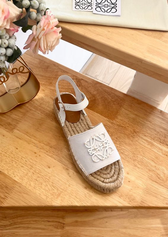 Loew Anagram White Beige Leather And Canvas Espadrille Sandals - 35