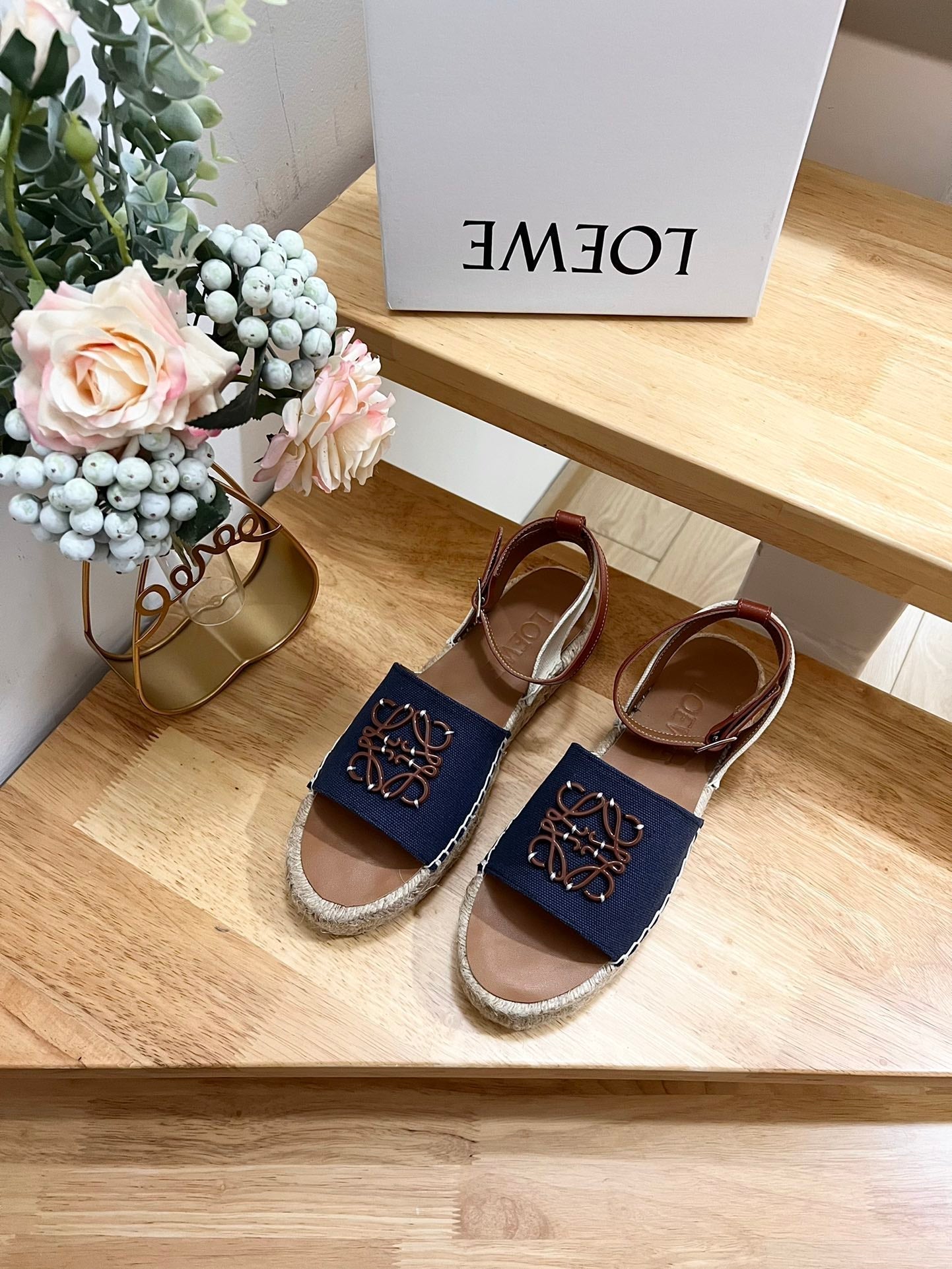 Loew Anagram Denim Brown Leather And Canvas Espadrille Sandals - 35