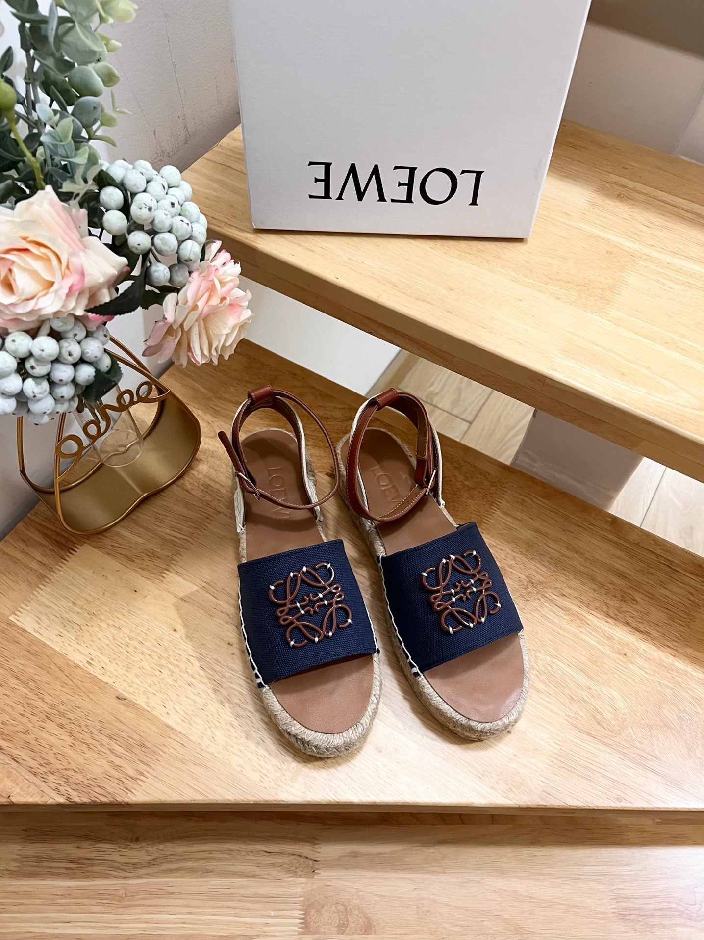 Loew Anagram Denim Brown Leather And Canvas Espadrille Sandals - 35