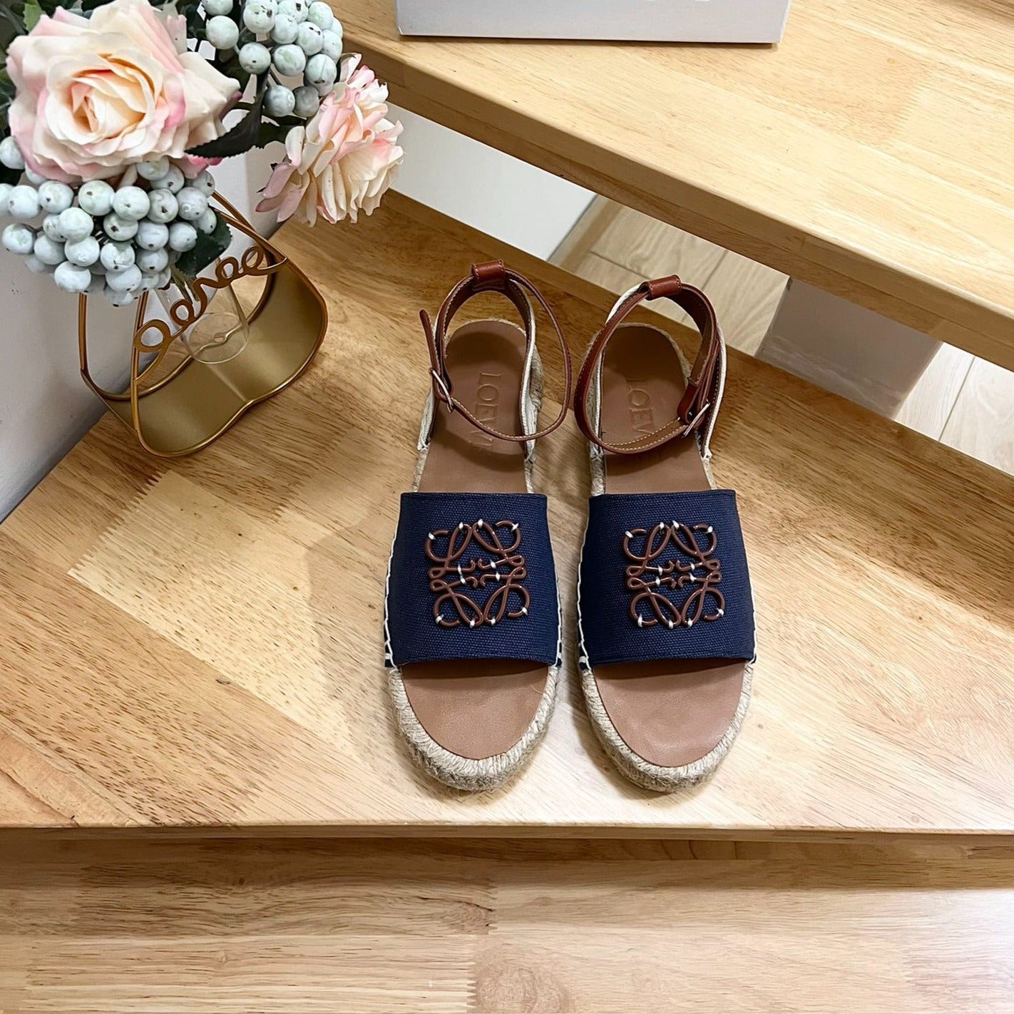 Loew Anagram Denim Brown Leather And Canvas Espadrille Sandals - 35