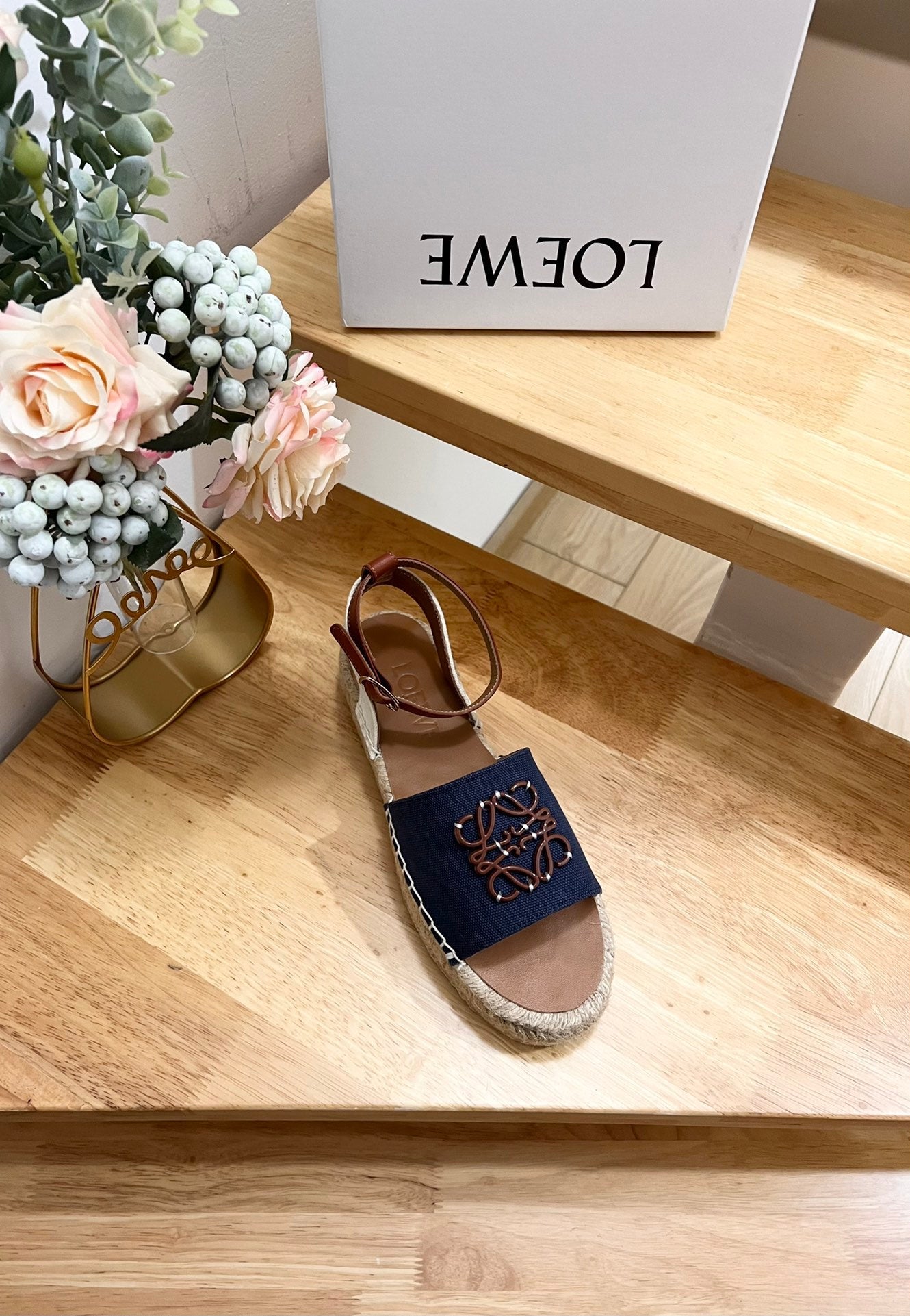 Loew Anagram Denim Brown Leather And Canvas Espadrille Sandals - 35