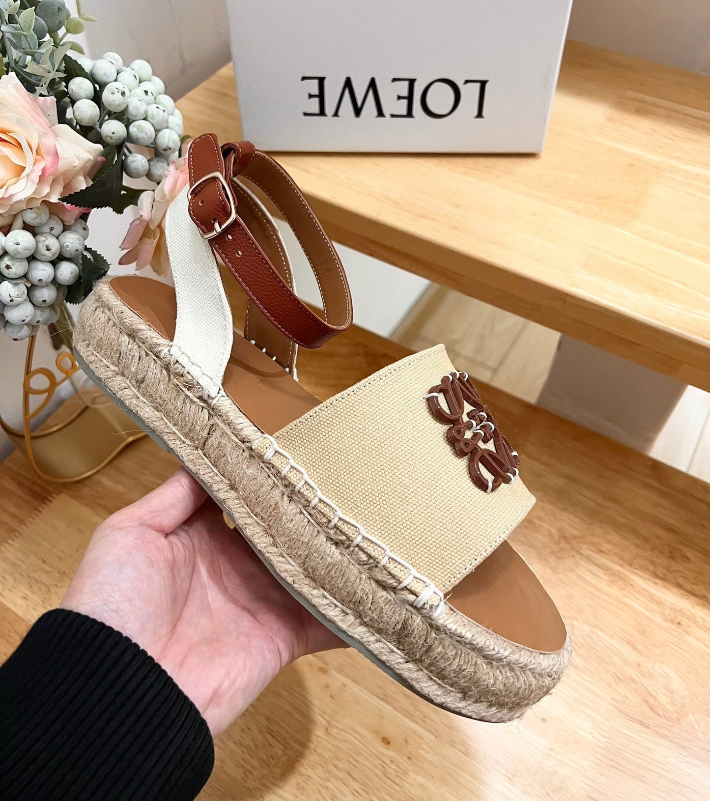 Loew Anagram Beige Brown Leather And Canvas Espadrille Sandals - 35