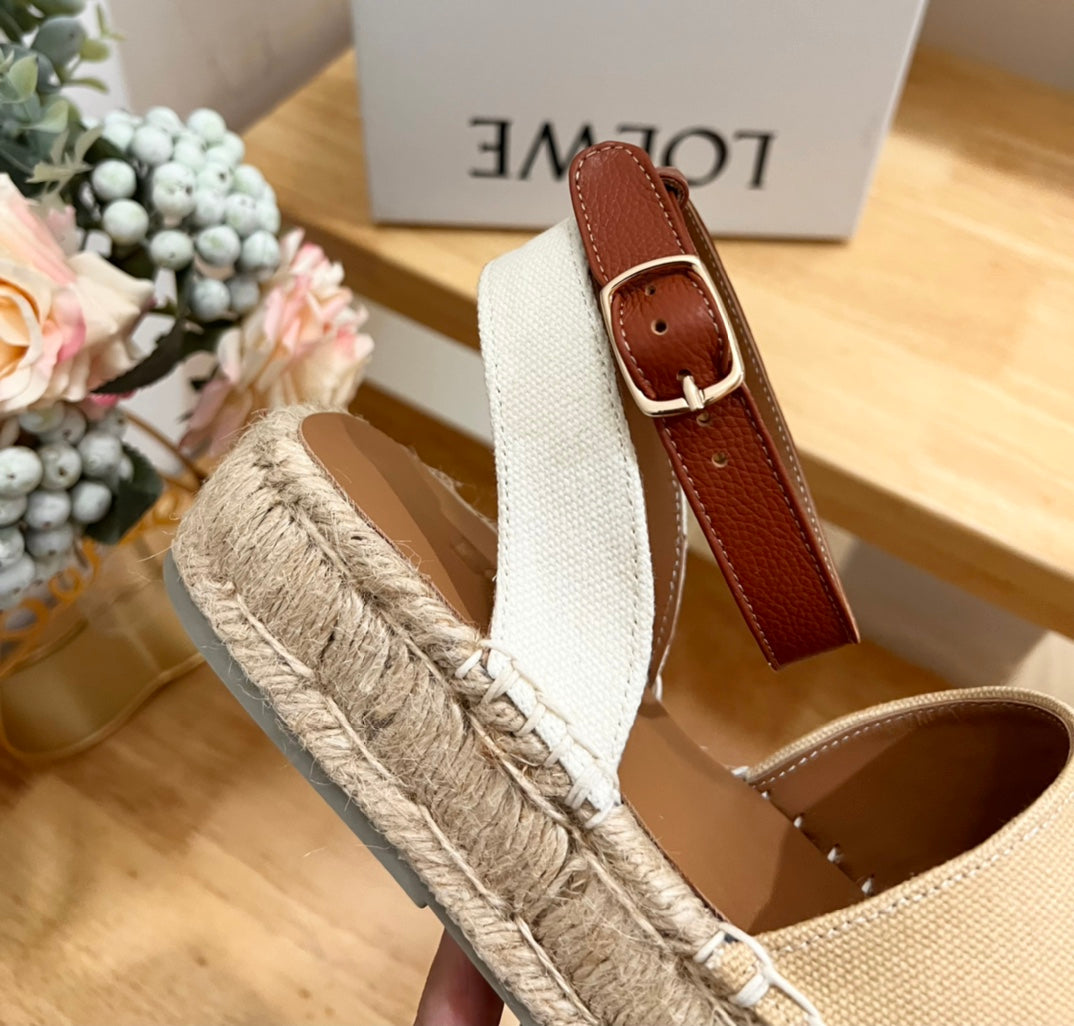 Loew Anagram Beige Brown Leather And Canvas Espadrille Sandals - 35