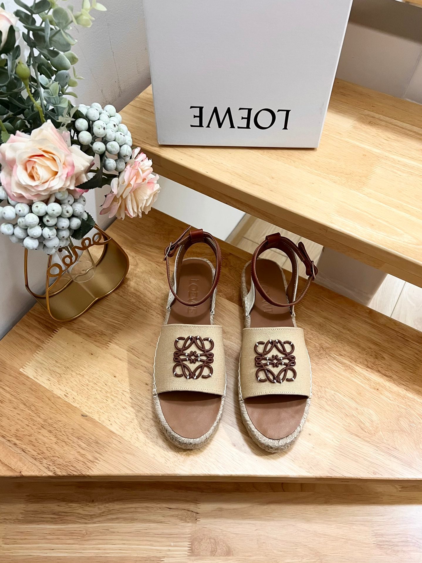 Loew Anagram Beige Brown Leather And Canvas Espadrille Sandals - 35