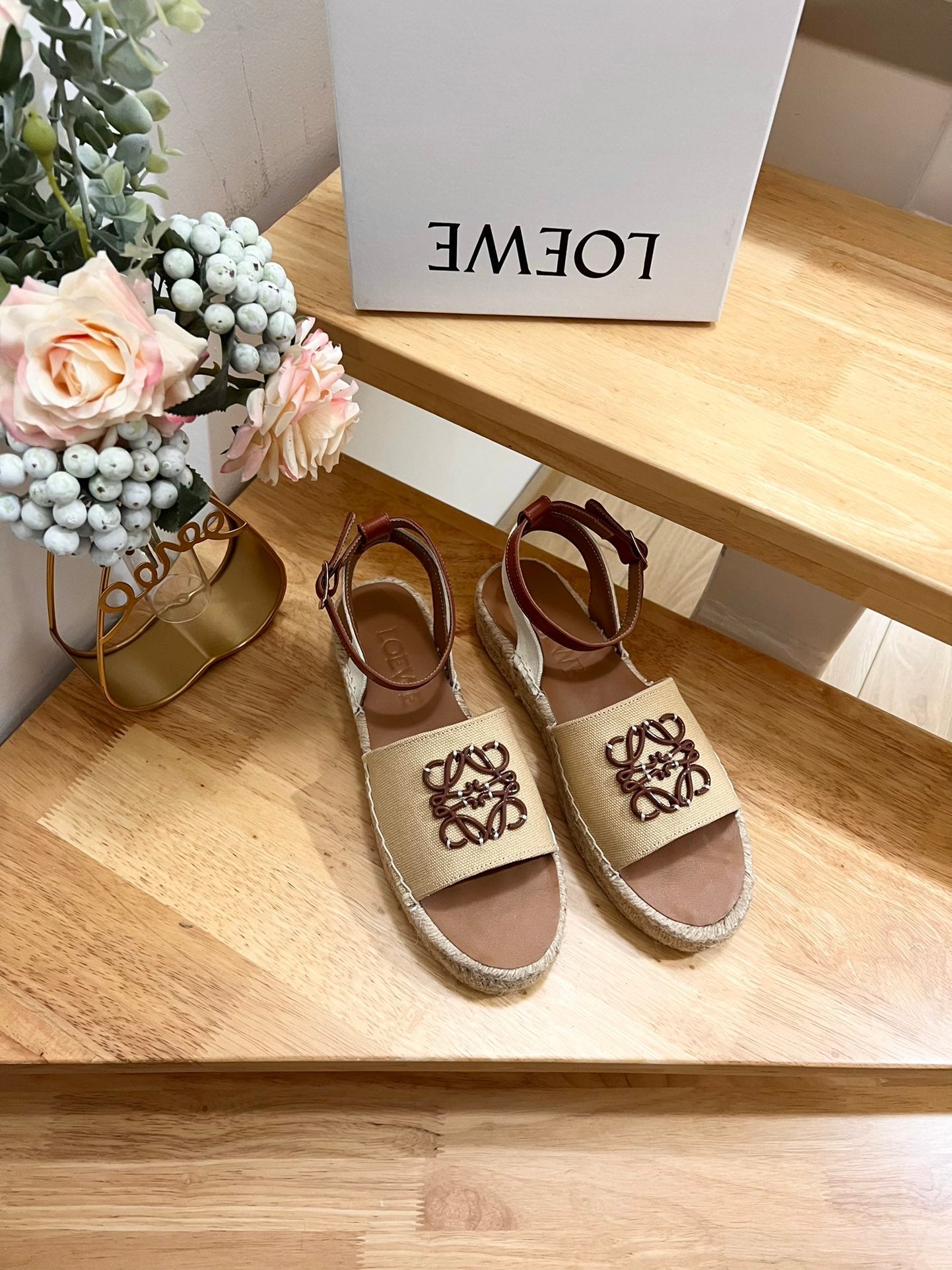 Loew Anagram Beige Brown Leather And Canvas Espadrille Sandals - 35