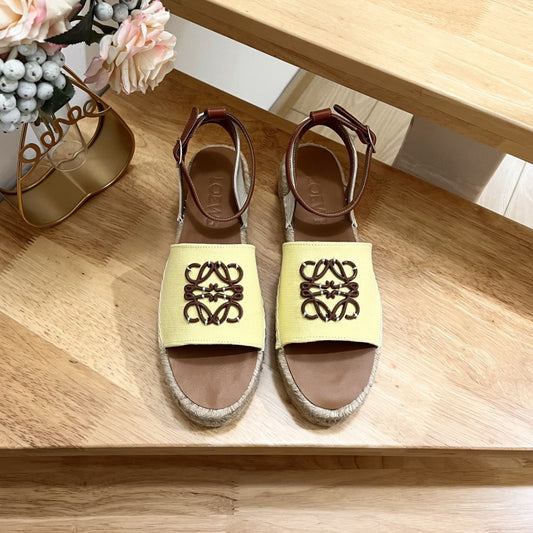 Loew Anagram Yellow Brown Leather And Canvas Espadrille Sandals - 35