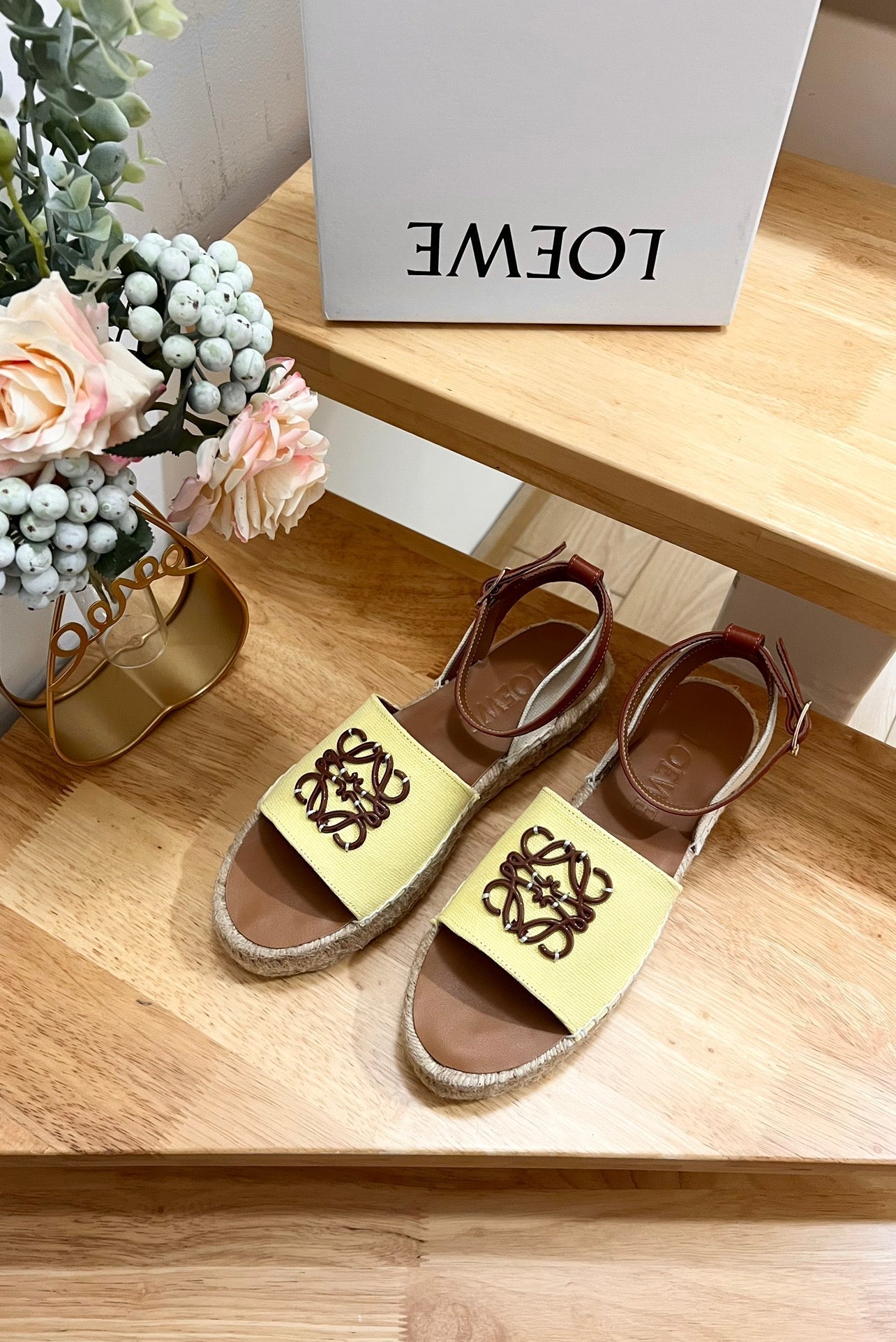 Loew Anagram Yellow Brown Leather And Canvas Espadrille Sandals - 35