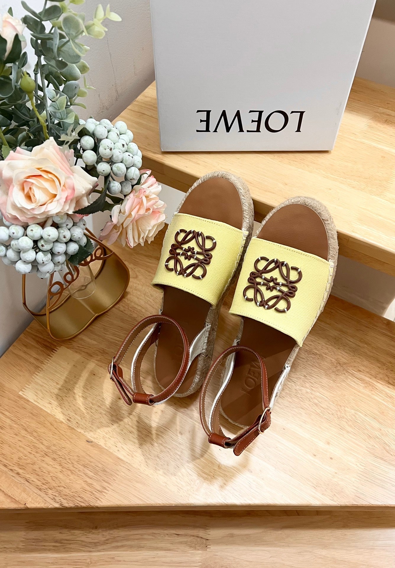 Loew Anagram Yellow Brown Leather And Canvas Espadrille Sandals - 35