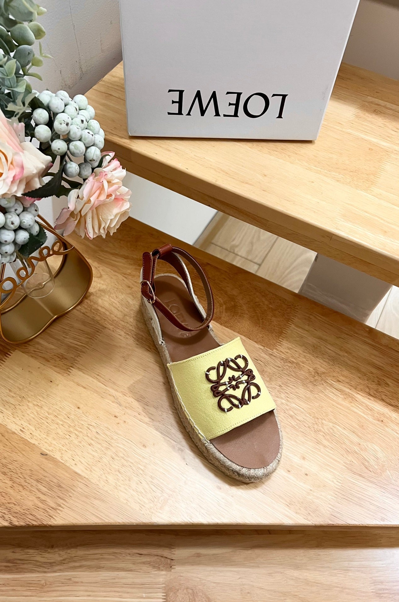 Loew Anagram Yellow Brown Leather And Canvas Espadrille Sandals - 35