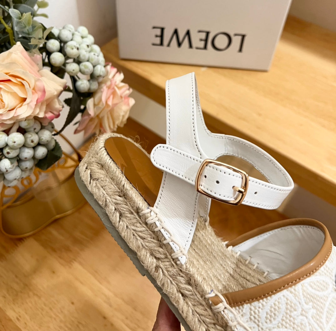 Loew Anagram White logo White Brown Leather And Canvas Espadrille Sandals - 35