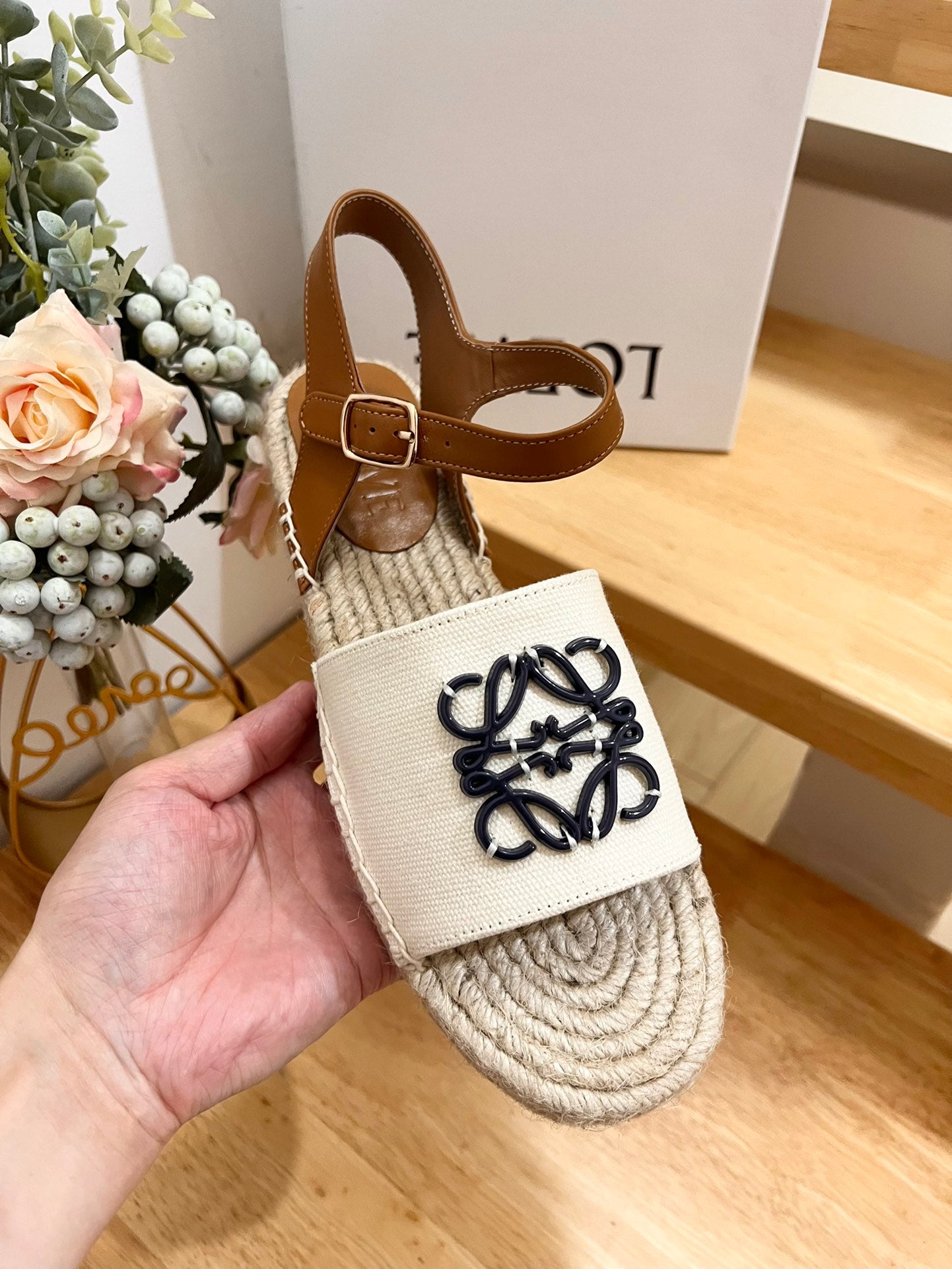 Loew Anagram Black logo White Brown Beige Leather And Canvas Espadrille Sandals - 35