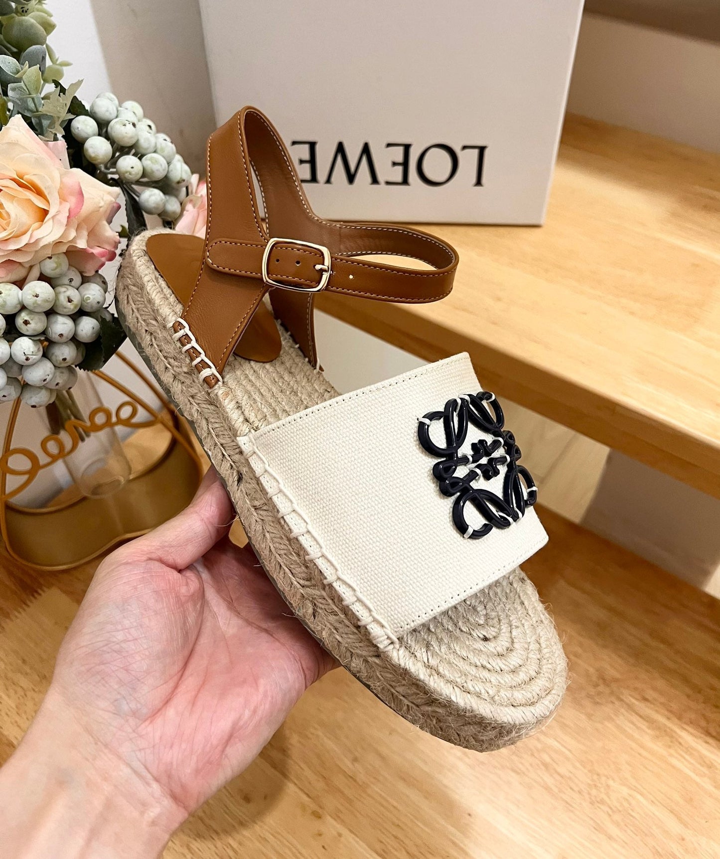 Loew Anagram Black logo White Brown Beige Leather And Canvas Espadrille Sandals - 35
