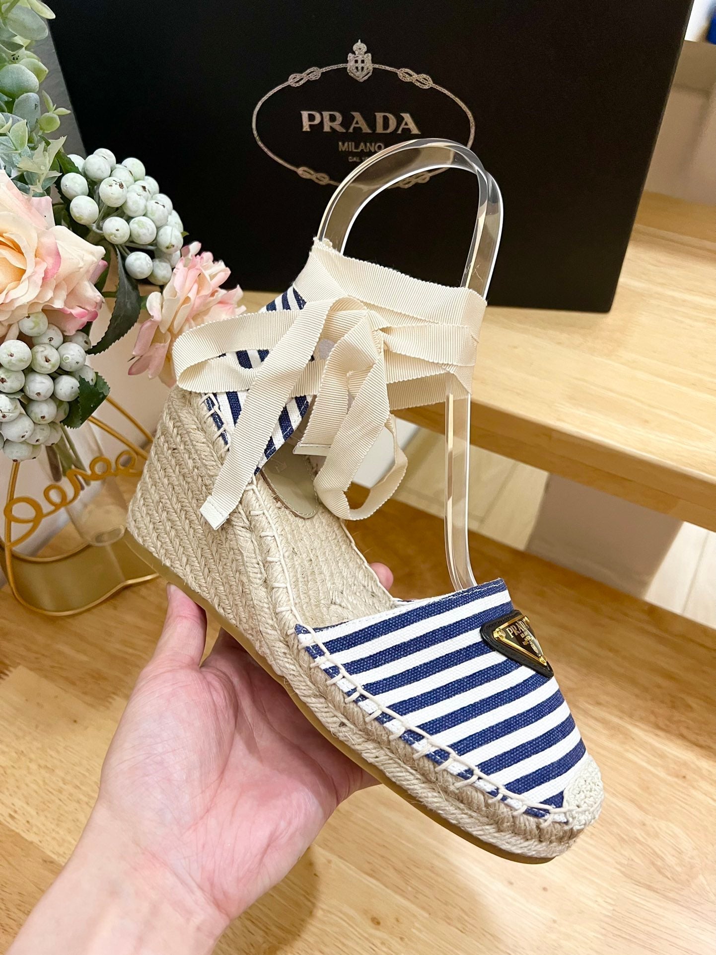 PRA STRIPE ESPADRILLE WEDGE SANDAL NAVY FABRIC - 35