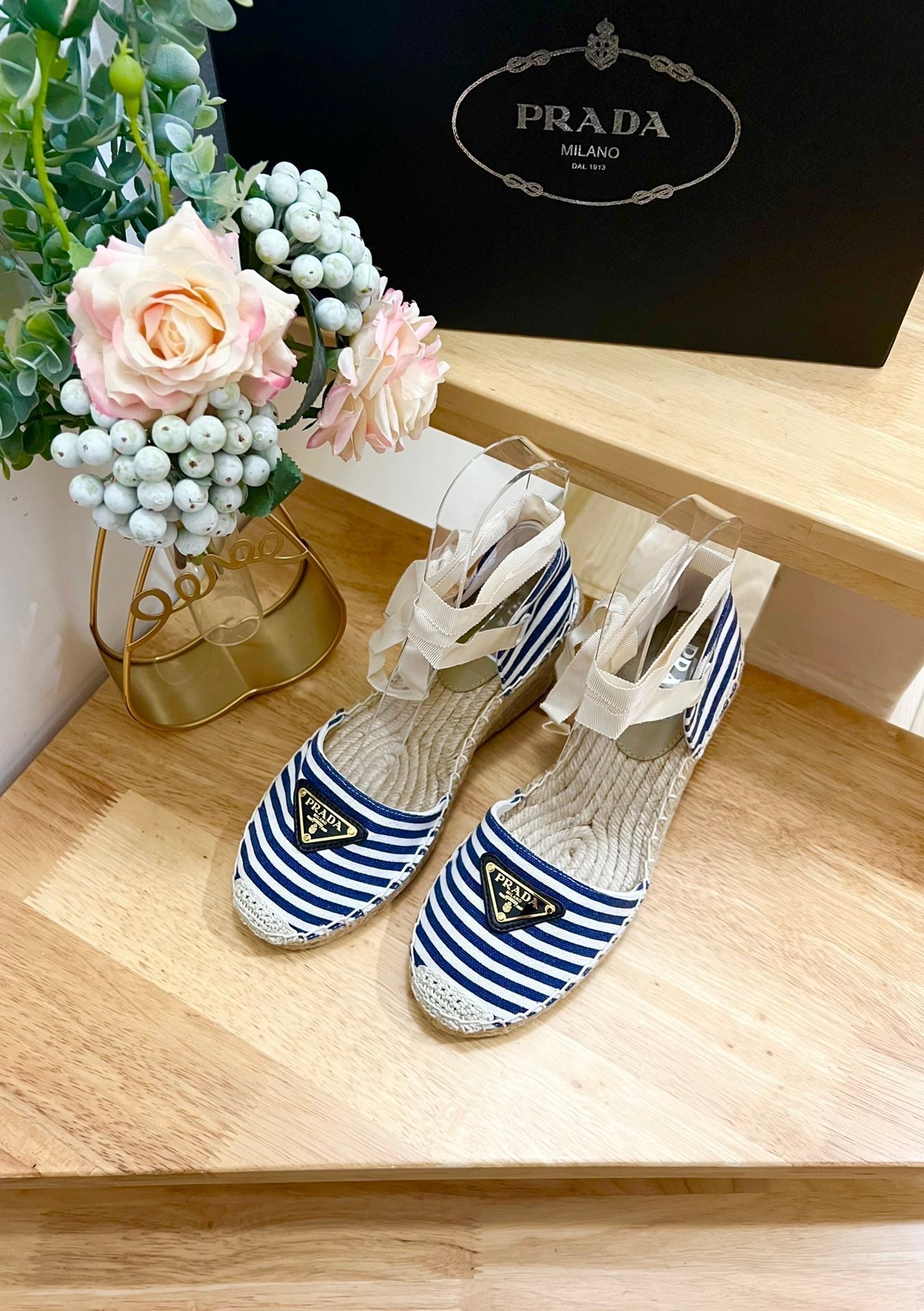 PRA STRIPE ESPADRILLE WEDGE SANDAL NAVY FABRIC - 35
