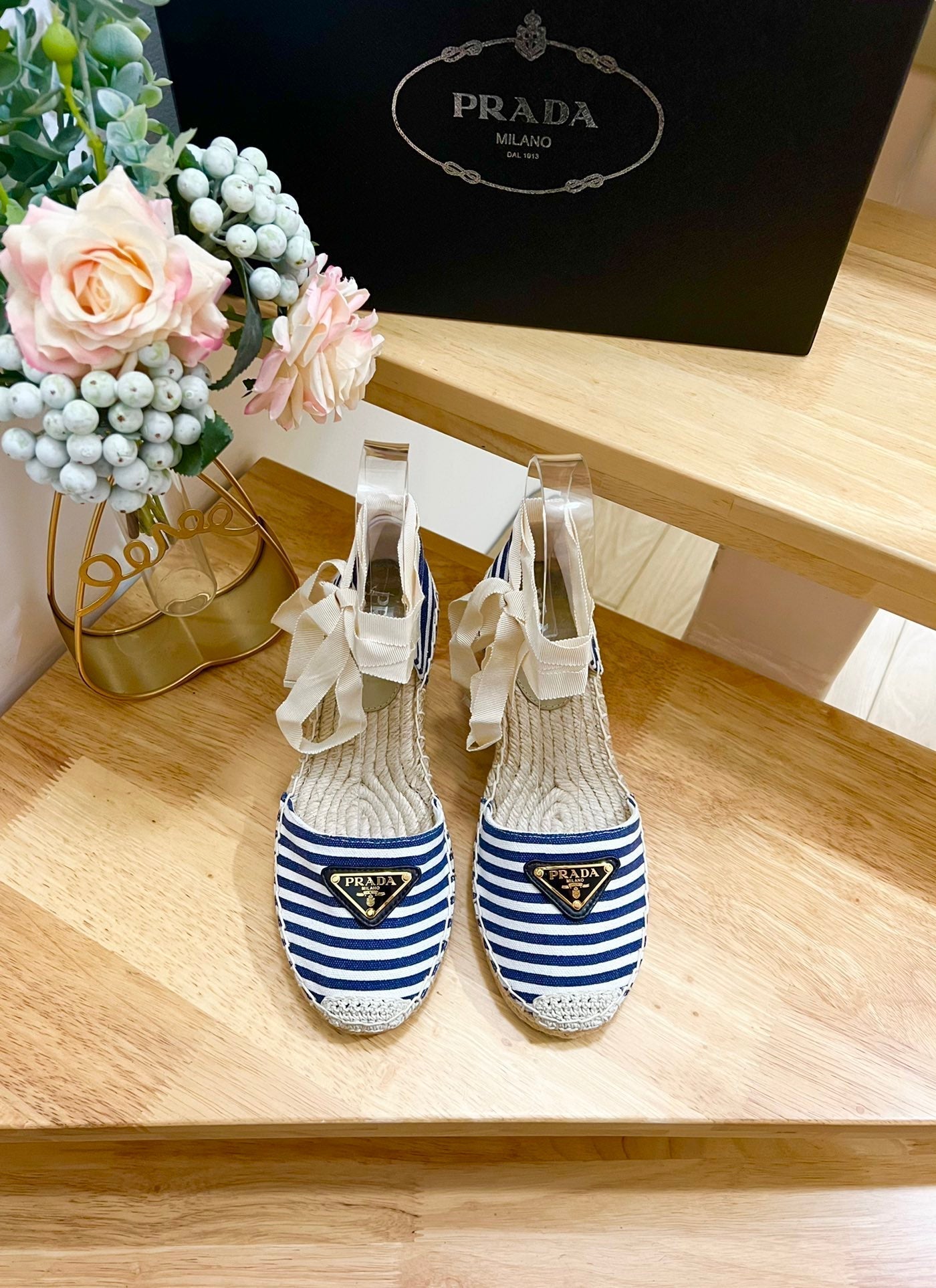 PRA STRIPE ESPADRILLE WEDGE SANDAL NAVY FABRIC - 35