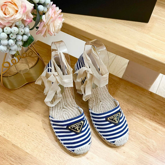 PRA STRIPE ESPADRILLE WEDGE SANDAL NAVY FABRIC - 35