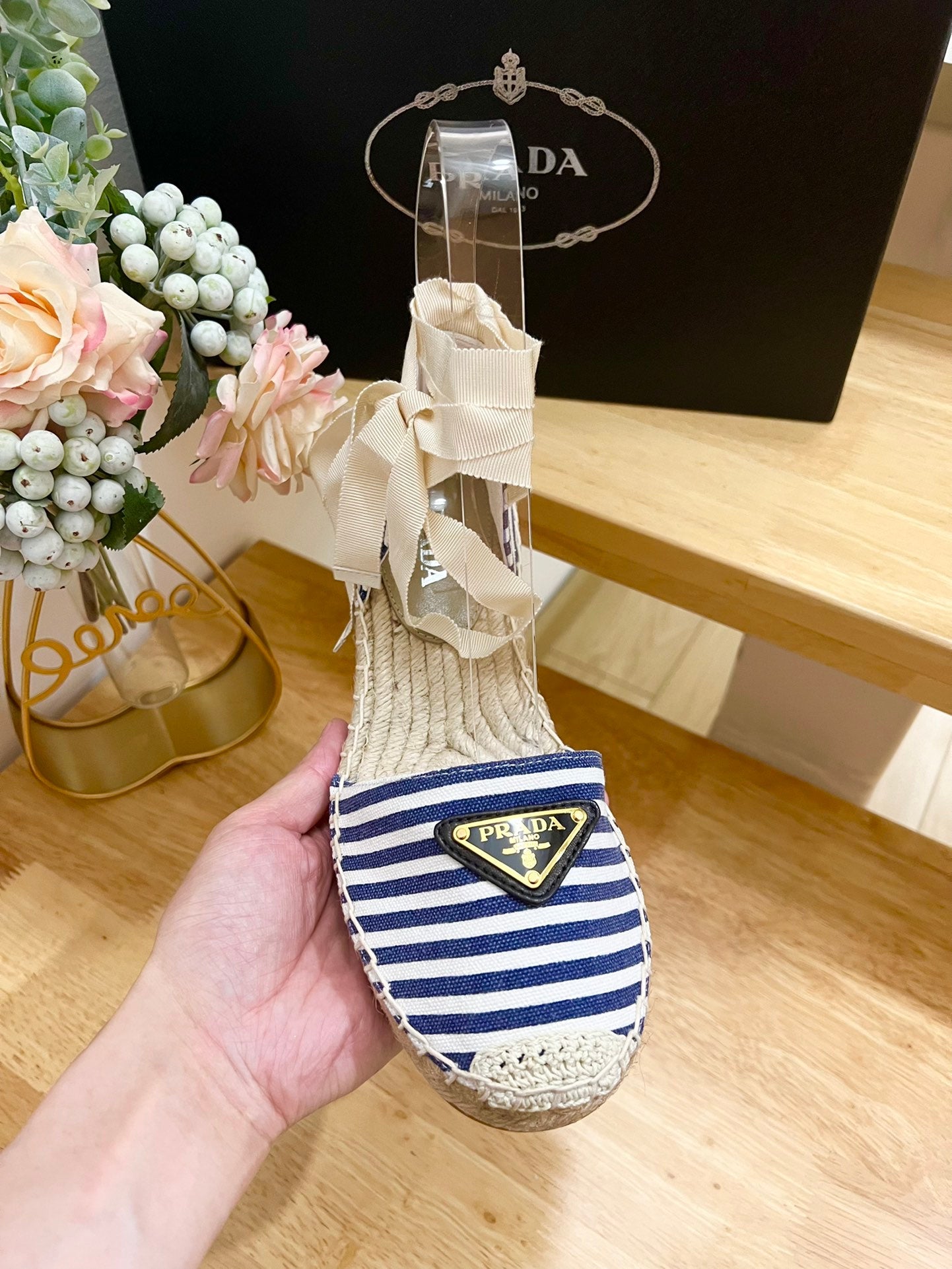 PRA STRIPE ESPADRILLE WEDGE SANDAL NAVY FABRIC - 35