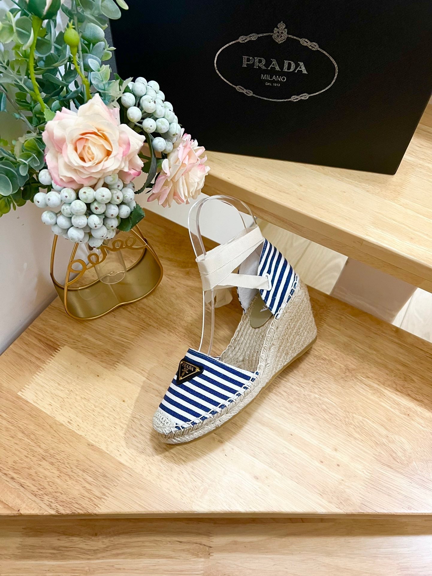 PRA STRIPE ESPADRILLE WEDGE SANDAL NAVY FABRIC - 35