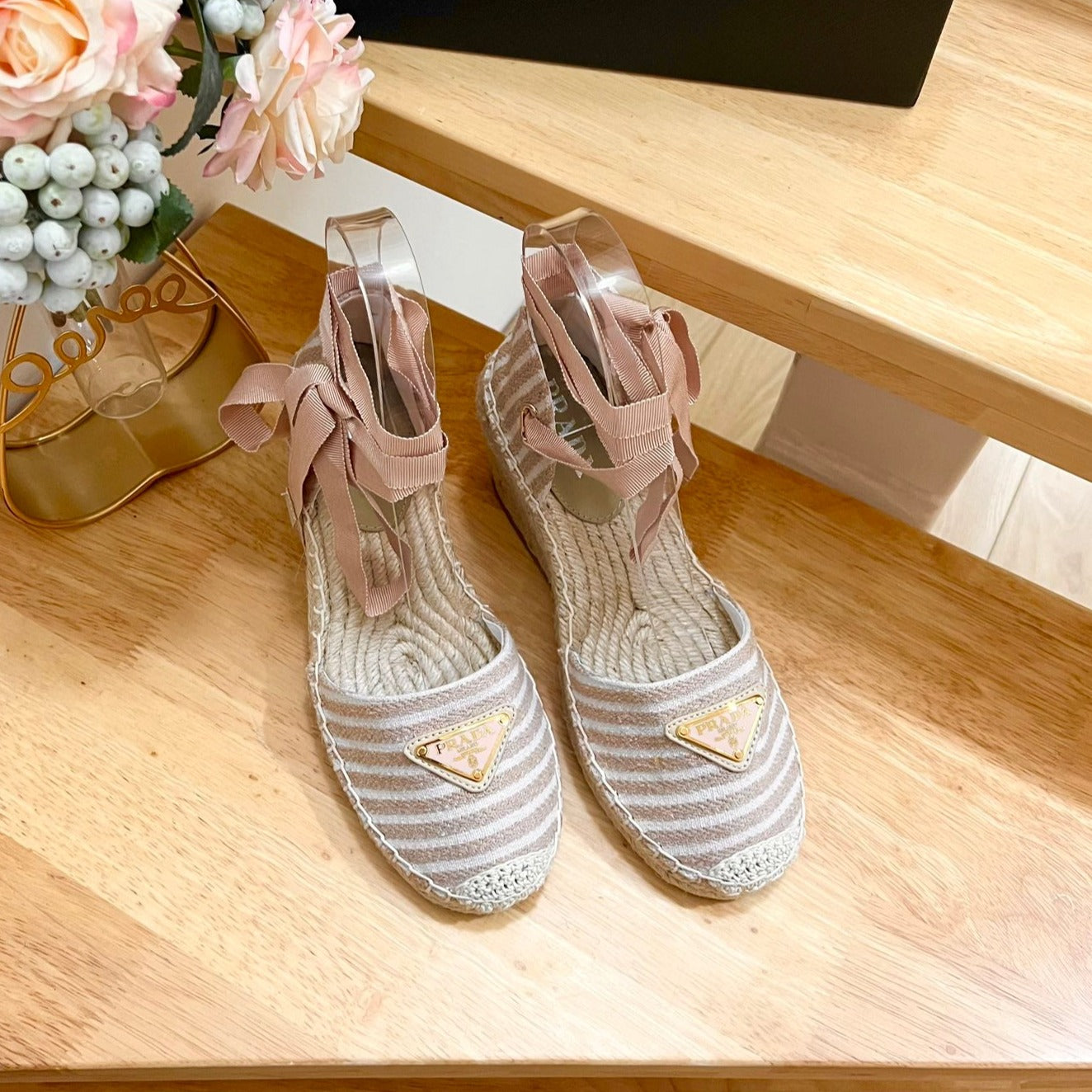 PRA STRIPE ESPADRILLE WEDGE SANDAL PASTEL PINK FABRIC - 35