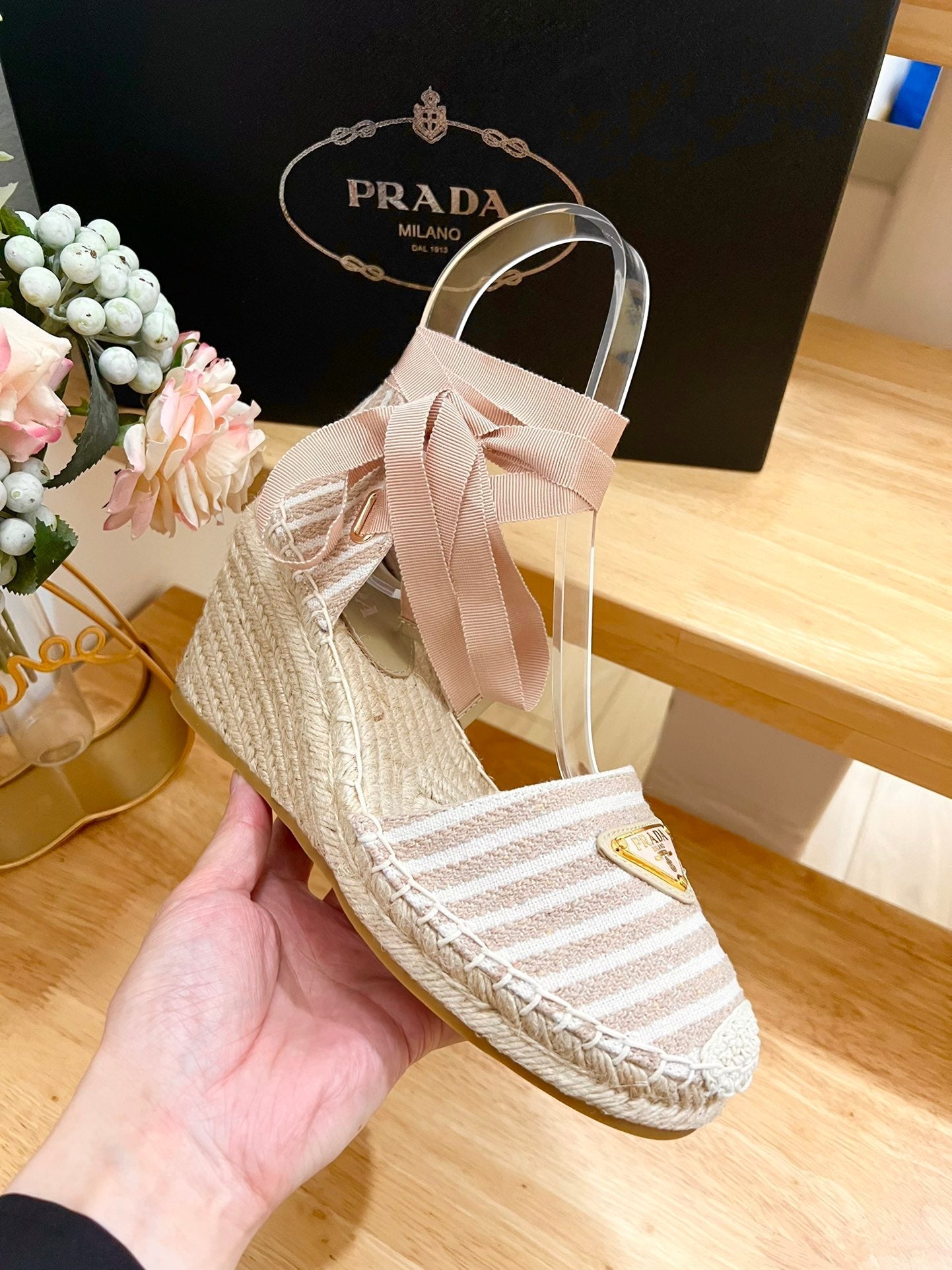 PRA STRIPE ESPADRILLE WEDGE SANDAL PASTEL PINK FABRIC - 35