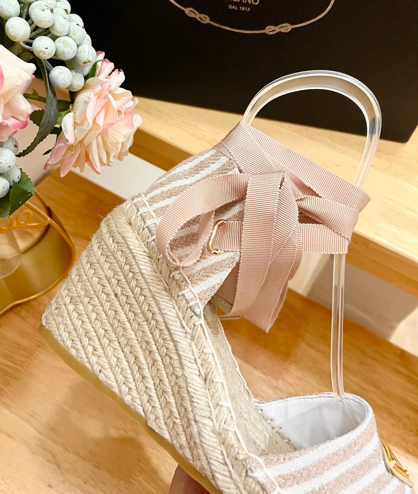 PRA STRIPE ESPADRILLE WEDGE SANDAL PASTEL PINK FABRIC - 35