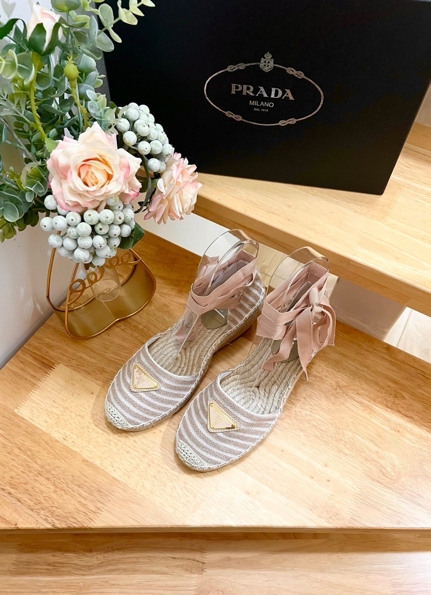 PRA STRIPE ESPADRILLE WEDGE SANDAL PASTEL PINK FABRIC - 35