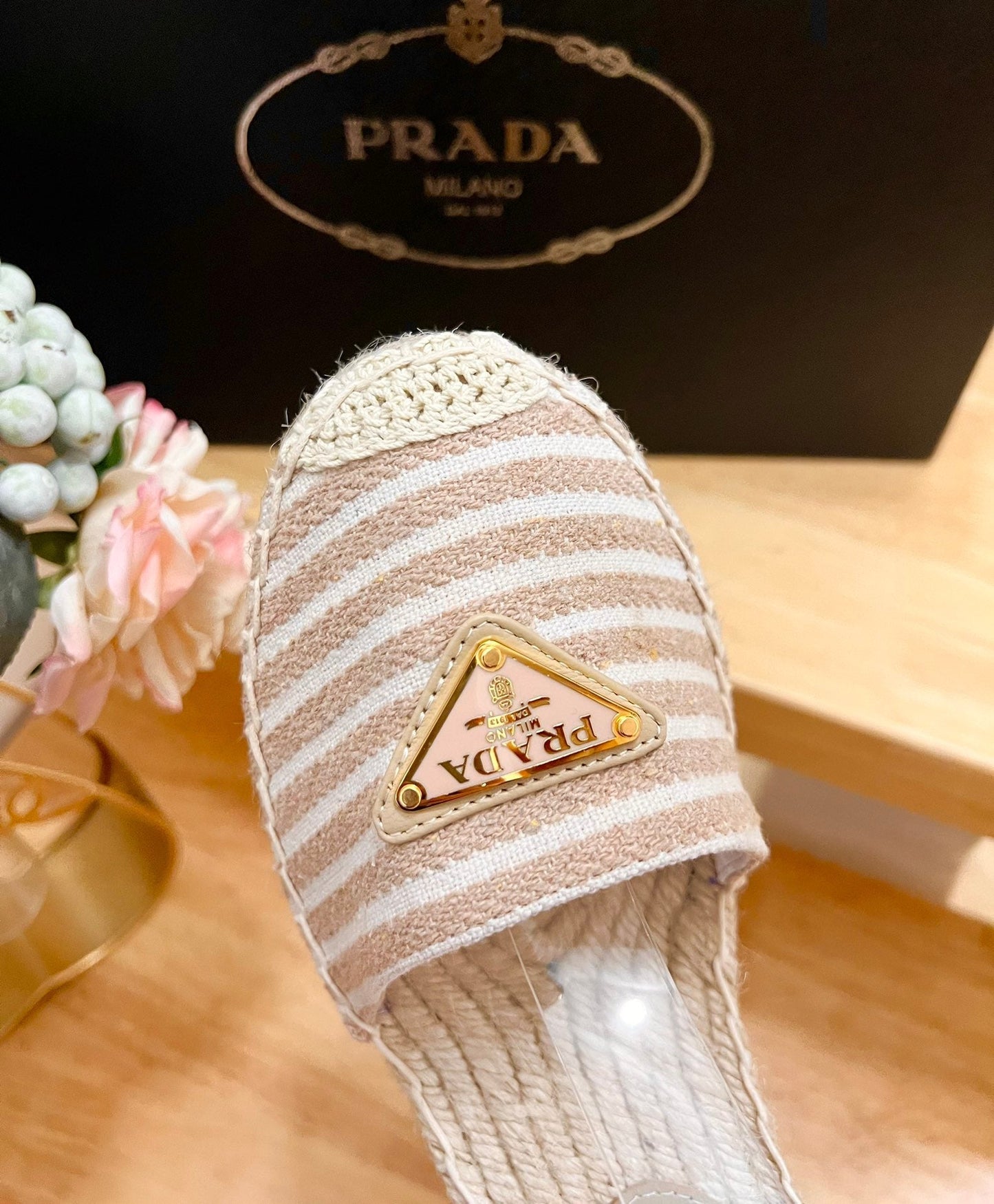PRA STRIPE ESPADRILLE WEDGE SANDAL PASTEL PINK FABRIC - 35