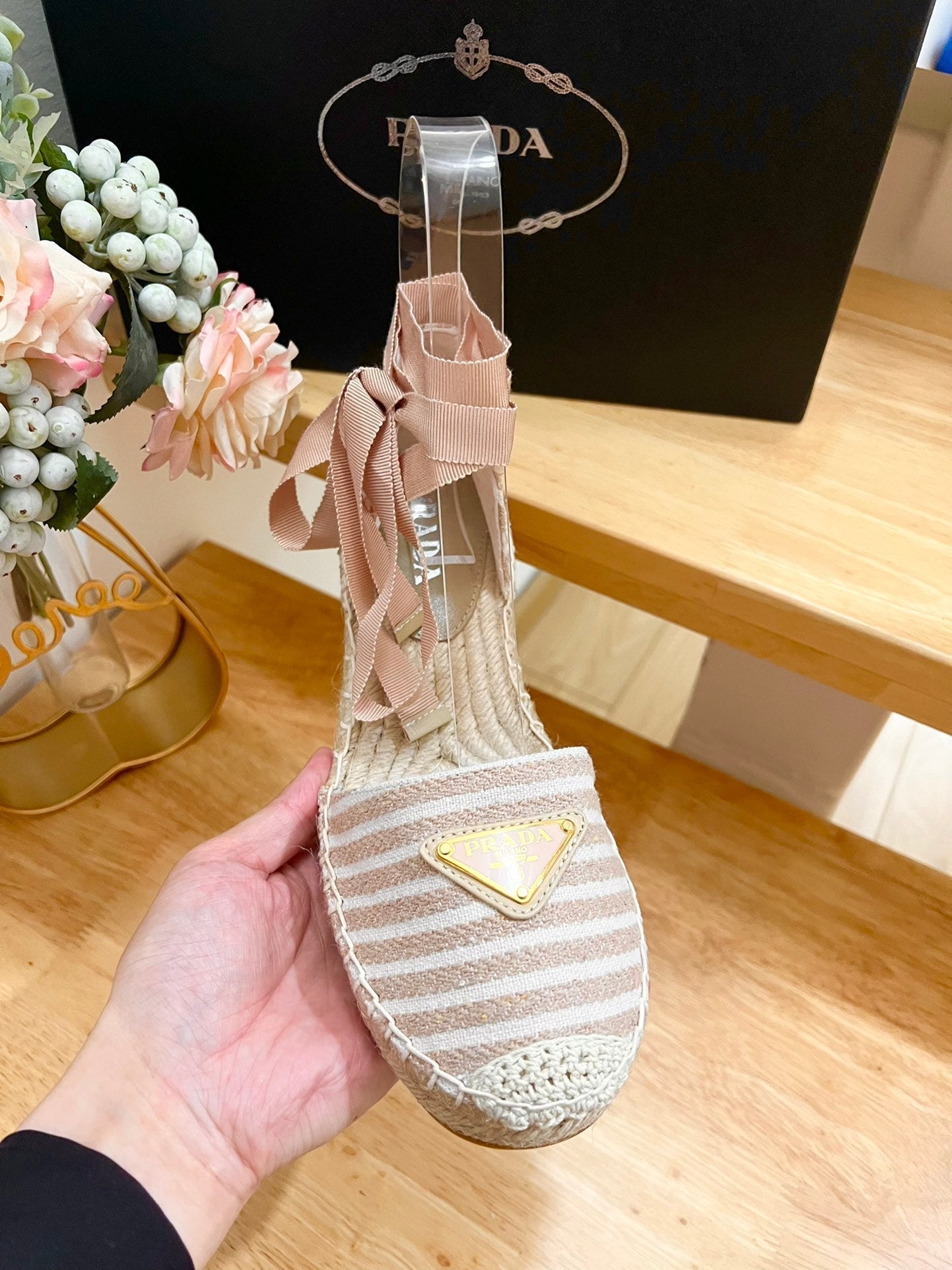 PRA STRIPE ESPADRILLE WEDGE SANDAL PASTEL PINK FABRIC - 35