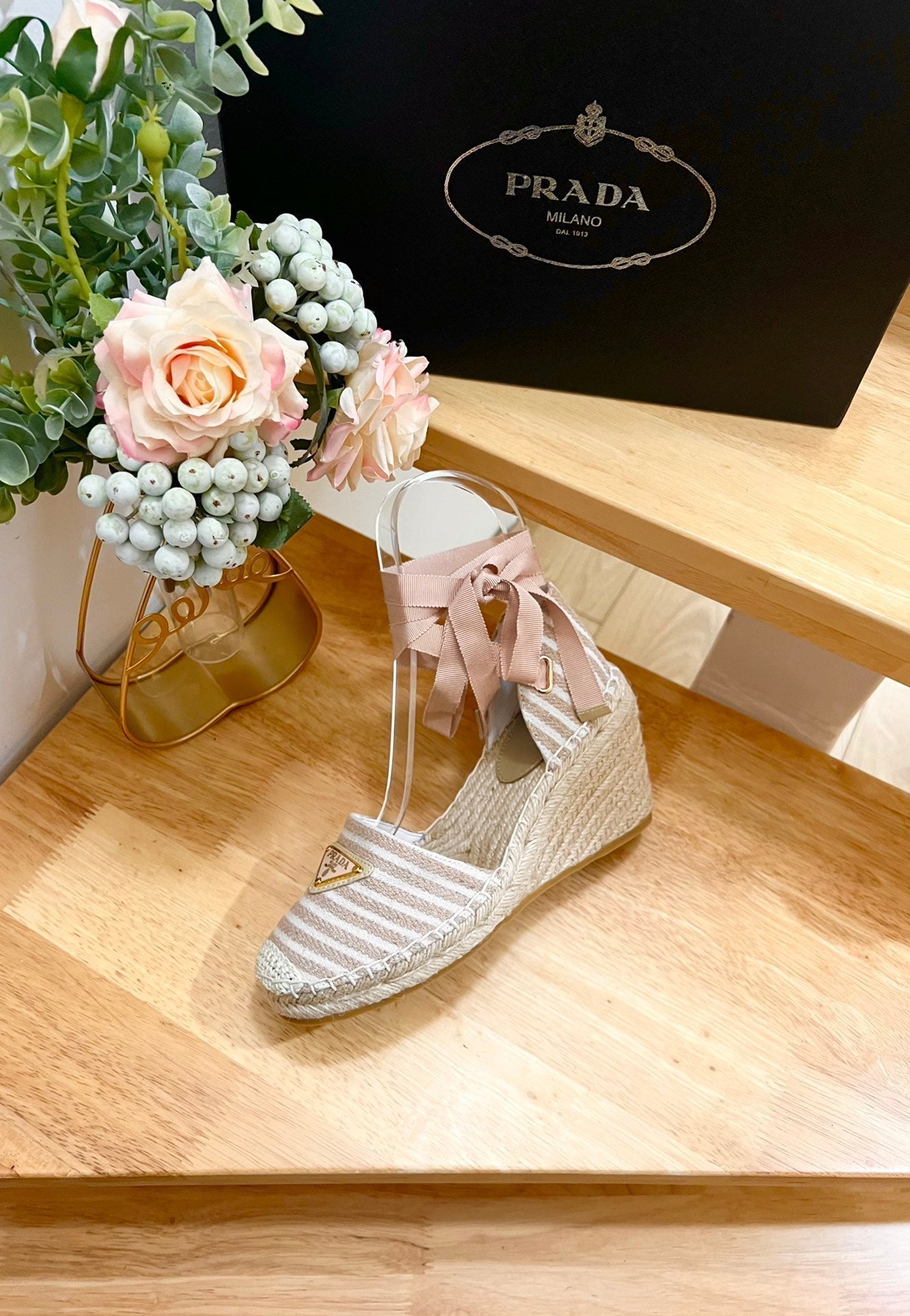 PRA STRIPE ESPADRILLE WEDGE SANDAL PASTEL PINK FABRIC - 35