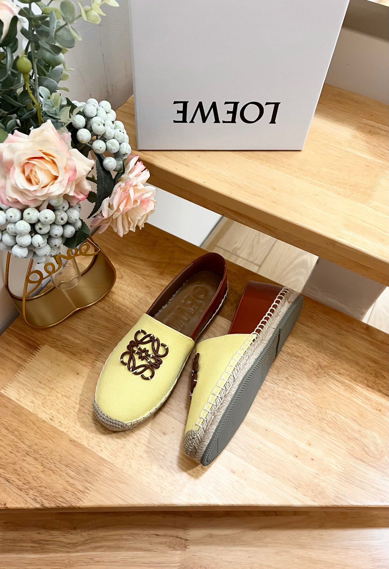 Loew Anagram Espadrille Yellow Brown Leather and Canvas - 35