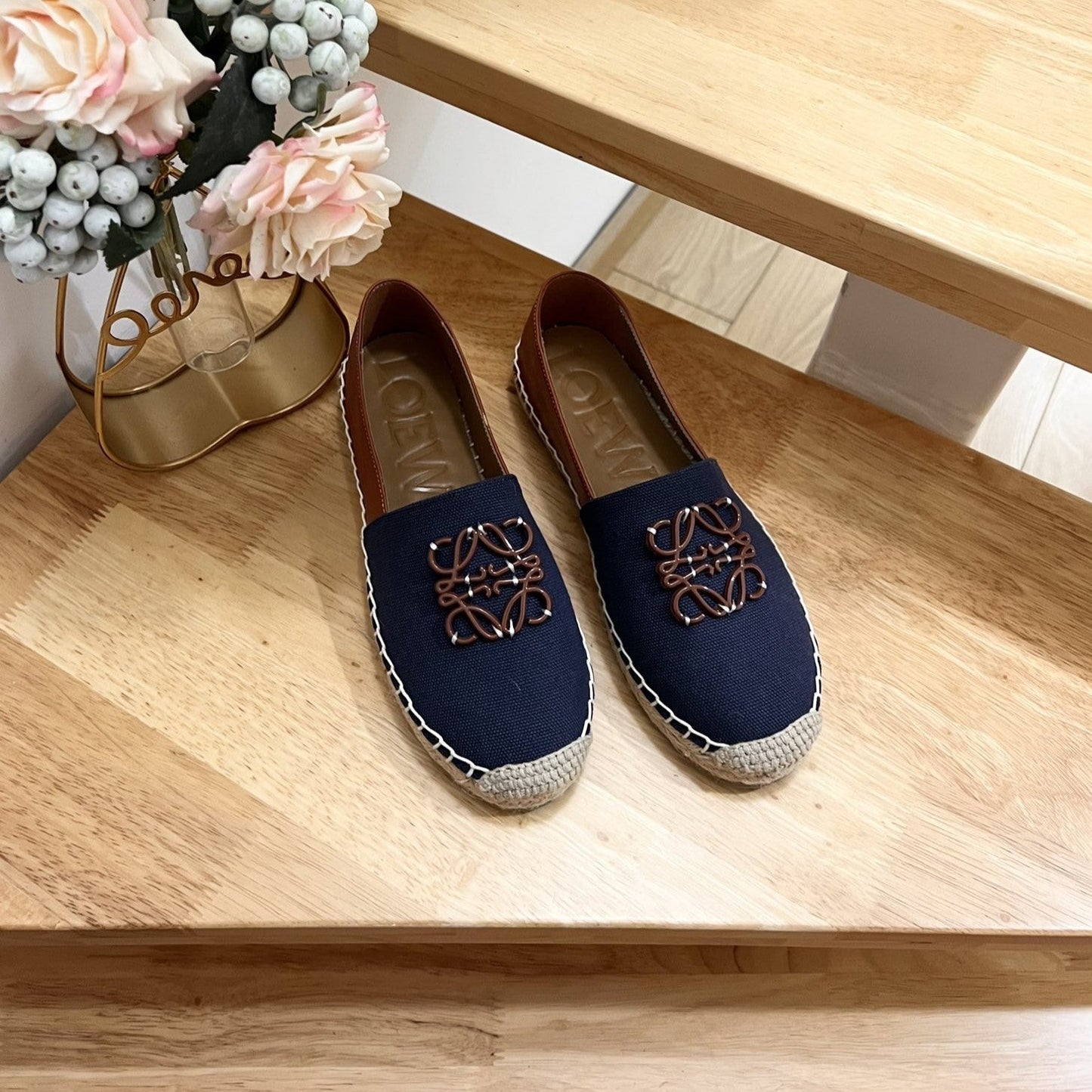 Loew Anagram Espadrille Denim Brown Leather and Canvas - 35