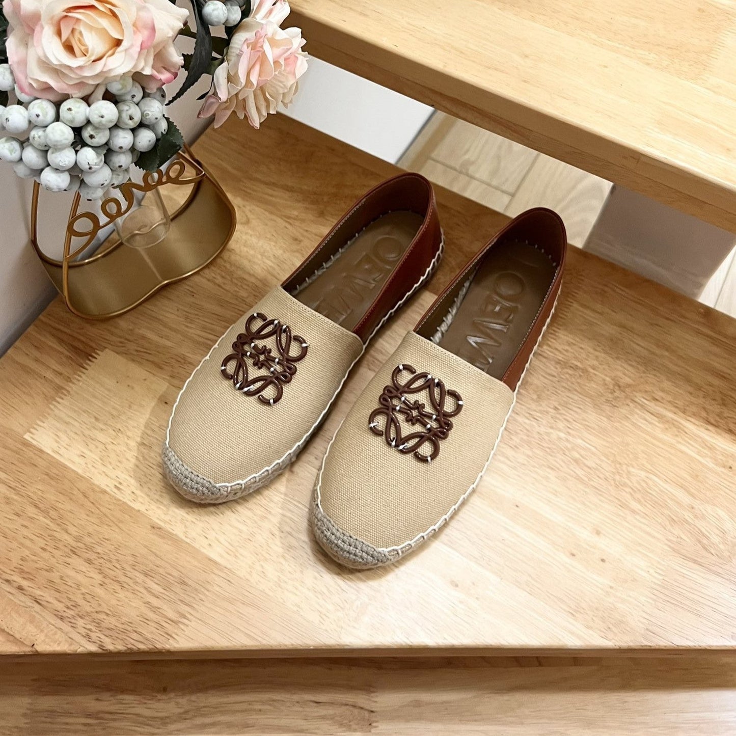 Loew Anagram Espadrille Beige Brown Leather and Canvas - 35