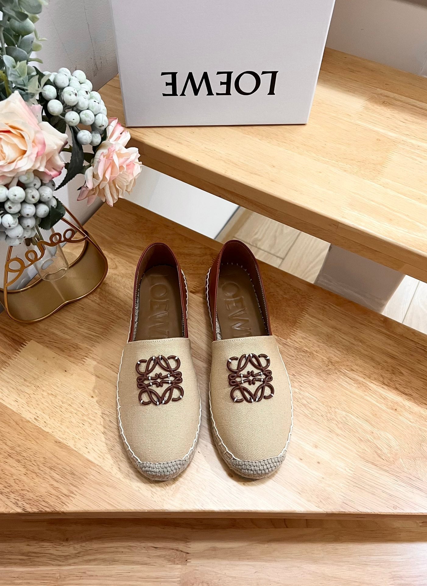 Loew Anagram Espadrille Beige Brown Leather and Canvas - 35